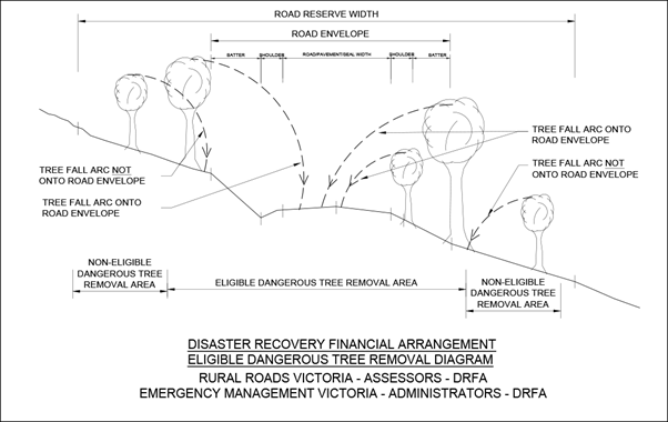 The diagram shows the road envelope (which includes the road, shoulders and batter) within the wider road reserve. It also shows the tree fall arc, which shows how a non-eligible tree would not impact the road envelope if it fell